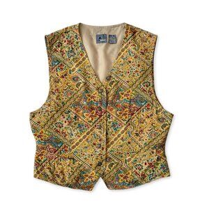 Vintage Liz Wear Paisley Floral Pattern Vest Yellow Blue Green Fall Academia
